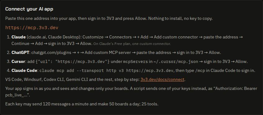 app.3v3.dev/connect: the address and one line per app
