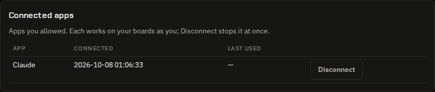 The Connect page's Connected apps table, with one app and a Disconnect button