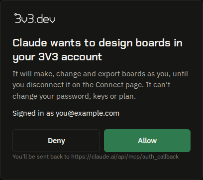 3V3's page: Claude wants to design boards in your 3V3 account, with Deny and Allow