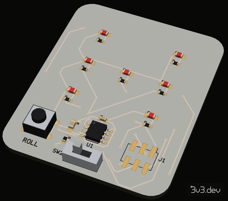 The white Sympathy Die board in 3D: seven red LED pips in a die pattern, the black ROLL button, the ATtiny85, the slide switch and the header.
